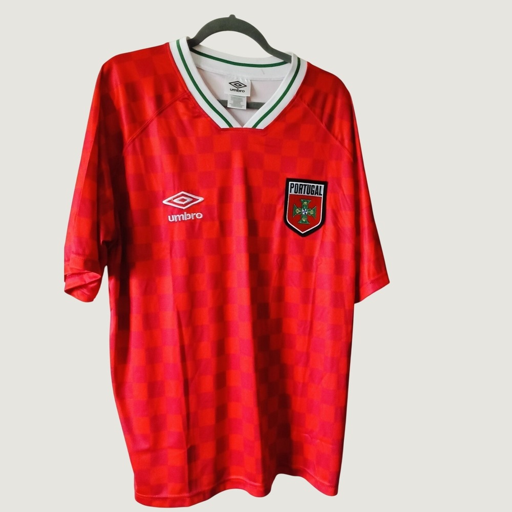 Umbro Portugal Red Soccer Jersey with Green-Trim V-Neck